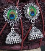 Handcrafted Enamelled Peacock Picture Design Oxidised Silver Plated Brass Jhumkas