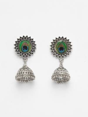 Handcrafted Enamelled Peacock Picture Design Oxidised Silver Plated Brass Jhumkas 2