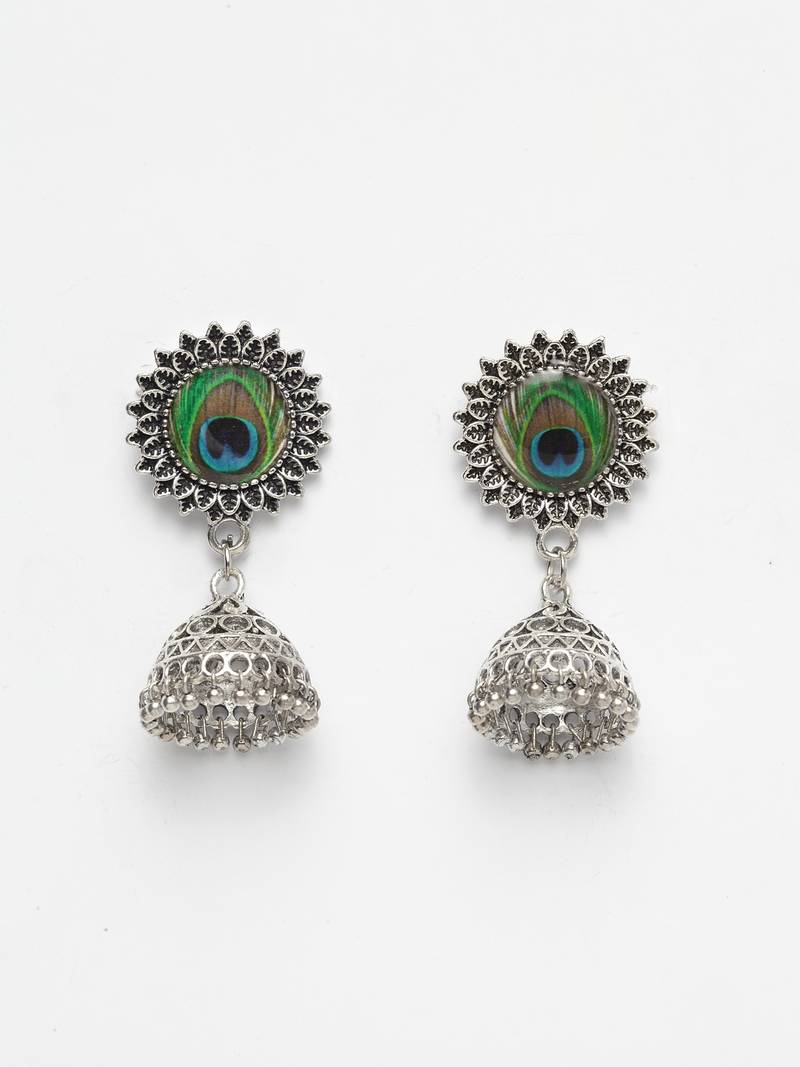 Handcrafted Enamelled Peacock Picture Design Oxidised Silver Plated Brass Jhumkas