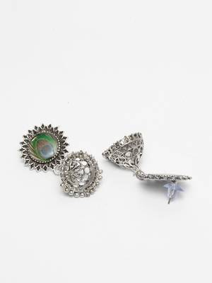 Handcrafted Enamelled Peacock Picture Design Oxidised Silver Plated Brass Jhumkas 3