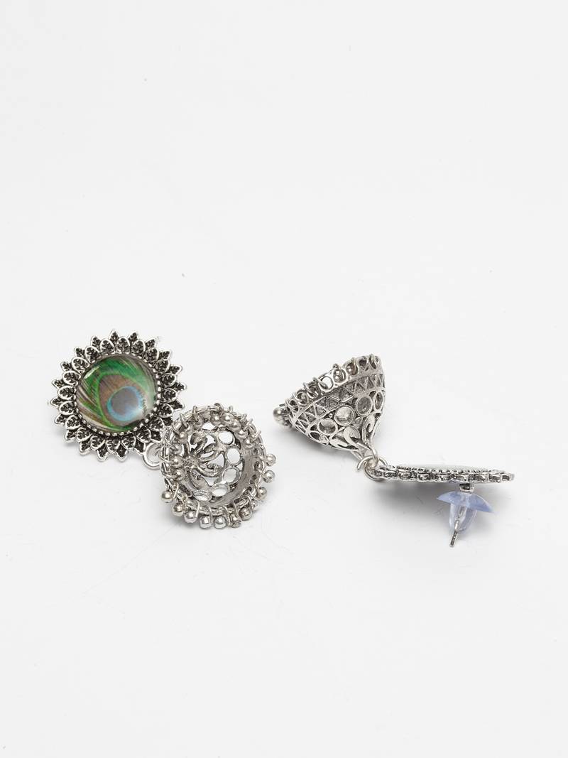 Handcrafted Enamelled Peacock Picture Design Oxidised Silver Plated Brass Jhumkas
