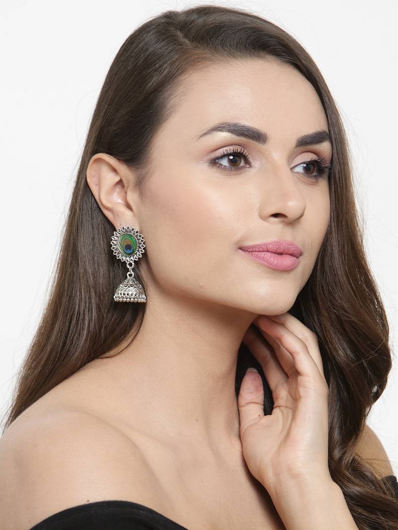 Handcrafted Enamelled Peacock Picture Design Oxidised Silver Plated Brass Jhumkas