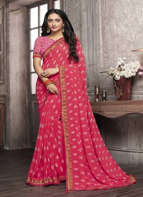 Pink printed georgette saree with blouse 1