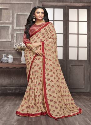 Chiku printed georgette saree with blouse 1