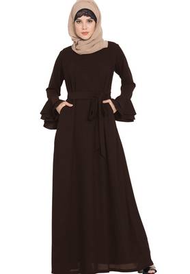 Abaya Dress With Double Layers Of Bell Sleeves And Matching Belt-Brown 1