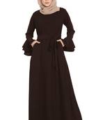 Abaya Dress With Double Layers Of Bell Sleeves And Matching Belt-Brown