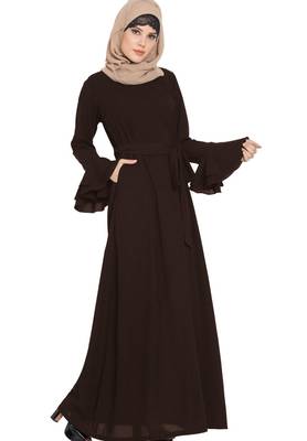 Abaya Dress With Double Layers Of Bell Sleeves And Matching Belt-Brown 2
