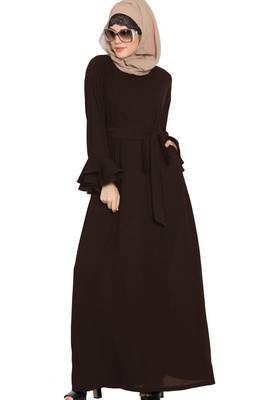 Abaya Dress With Double Layers Of Bell Sleeves And Matching Belt-Brown 3
