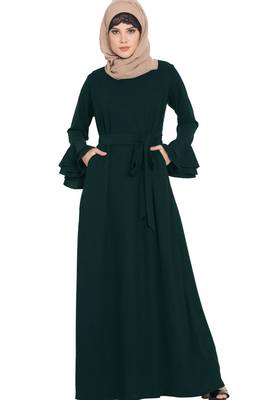 Abaya Dress With Double Layers Of Bell Sleeves And Matching Belt-Green 1