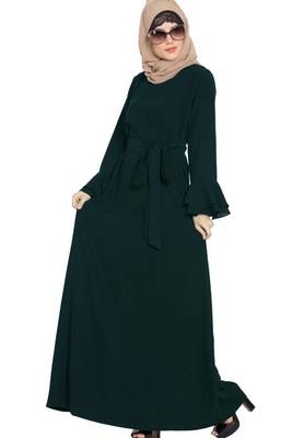 Abaya Dress With Double Layers Of Bell Sleeves And Matching Belt-Green 2
