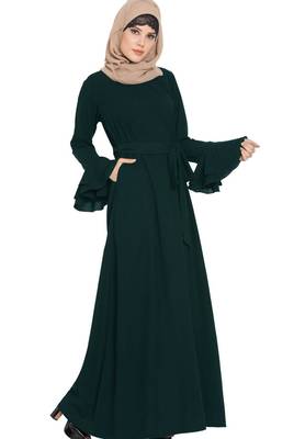 Abaya Dress With Double Layers Of Bell Sleeves And Matching Belt-Green 3