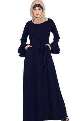 Abaya Dress With Double Layers Of Bell Sleeves And Matching Belt-Blue 1