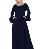 Abaya Dress With Double Layers Of Bell Sleeves And Matching Belt-Blue