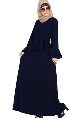 Abaya Dress With Double Layers Of Bell Sleeves And Matching Belt-Blue 2