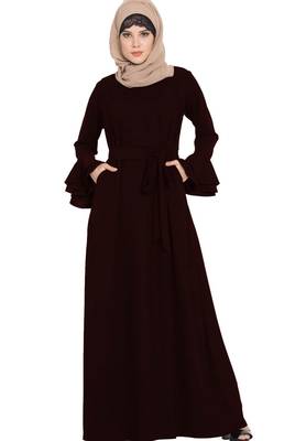 Abaya Dress With Double Layers Of Bell Sleeves And Matching Belt-Wine 1