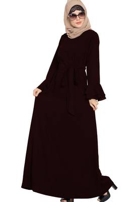 Abaya Dress With Double Layers Of Bell Sleeves And Matching Belt-Wine 2