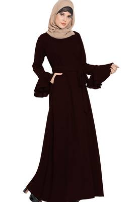 Abaya Dress With Double Layers Of Bell Sleeves And Matching Belt-Wine 3