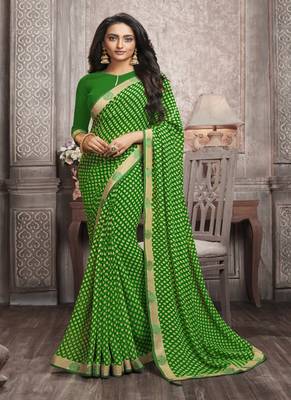 Green printed georgette saree with blouse 1