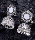 Mirror Encrusted Champagne Stone and Enamelled Silver Plated German Silver Jhumkas