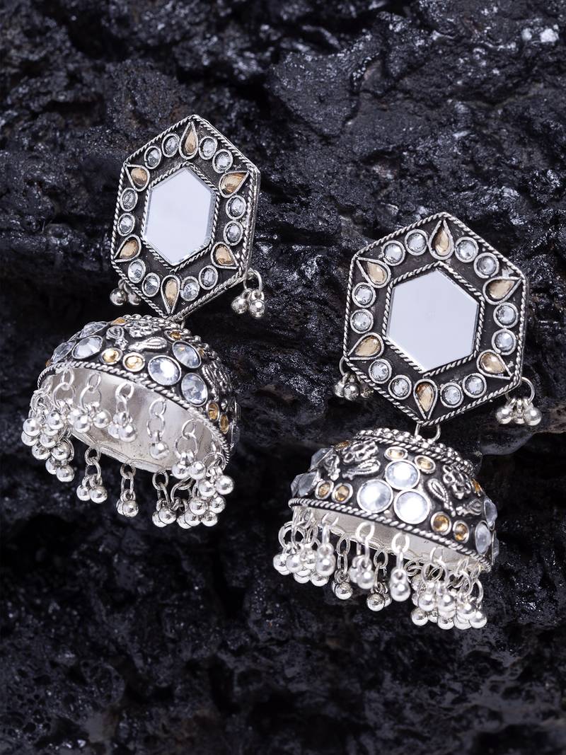 Mirror Encrusted Champagne Stone and Enamelled Silver Plated German Silver Jhumkas