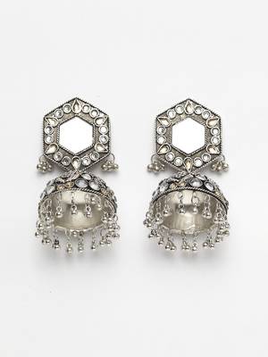 Mirror Encrusted Champagne Stone and Enamelled Silver Plated German Silver Jhumkas 2