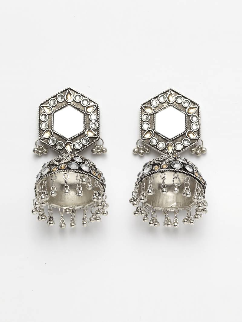 Mirror Encrusted Champagne Stone and Enamelled Silver Plated German Silver Jhumkas