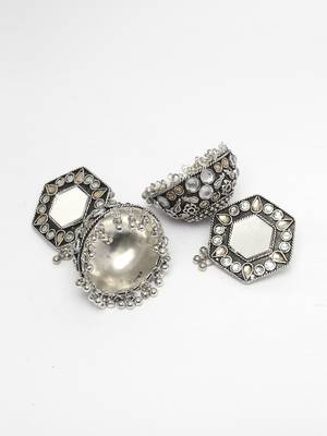 Mirror Encrusted Champagne Stone and Enamelled Silver Plated German Silver Jhumkas 3