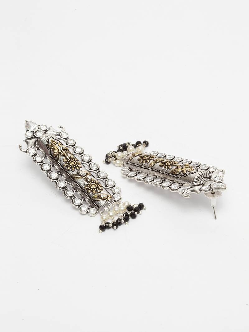 Handcrafted Black and White Pearls Stones Silver and Gold Plated Brass Drop Earrings