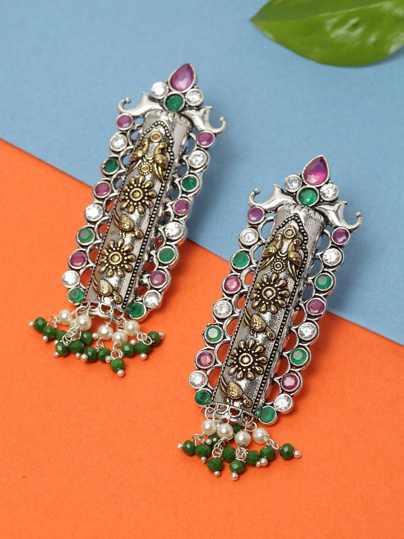 Handcrafted Green Pearls and Pink Stones Silver and Gold Plated Brass Drop Earrings
