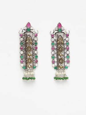 Handcrafted Green Pearls and Pink Stones Silver and Gold Plated Brass Drop Earrings 2