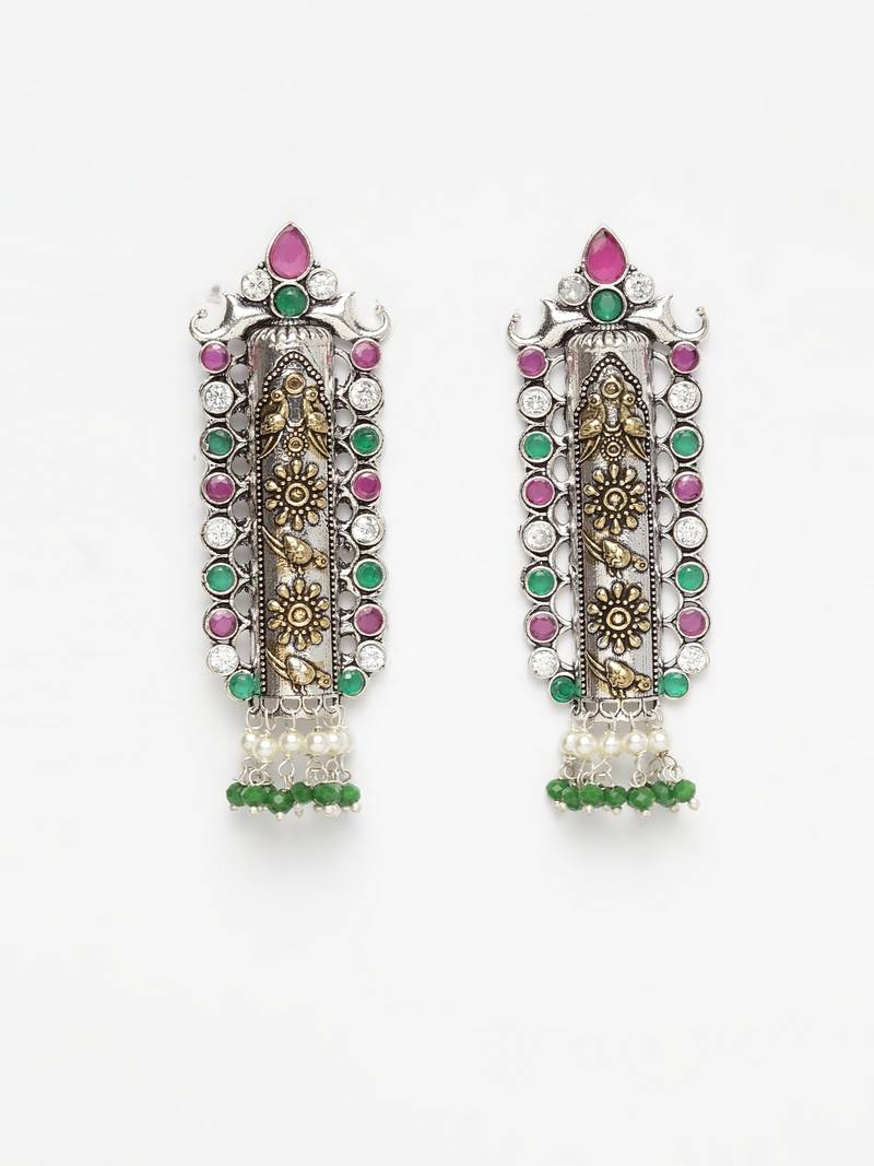 Handcrafted Green Pearls and Pink Stones Silver and Gold Plated Brass Drop Earrings