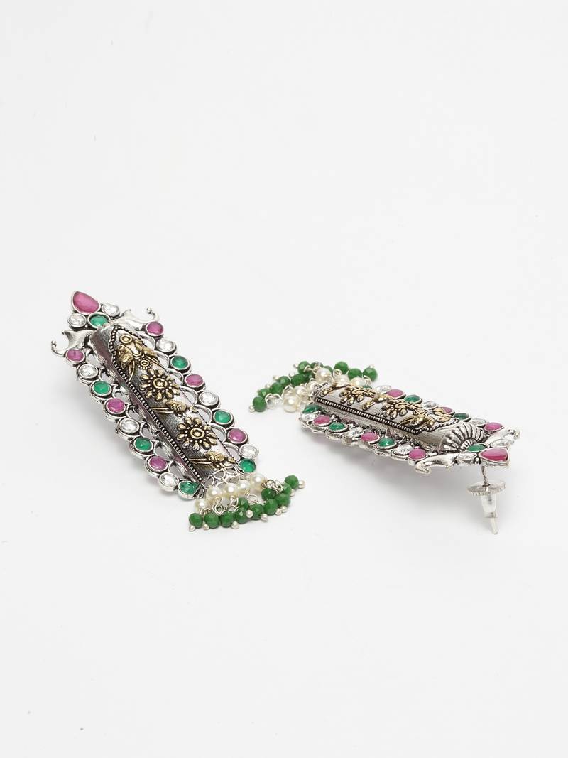 Handcrafted Green Pearls and Pink Stones Silver and Gold Plated Brass Drop Earrings