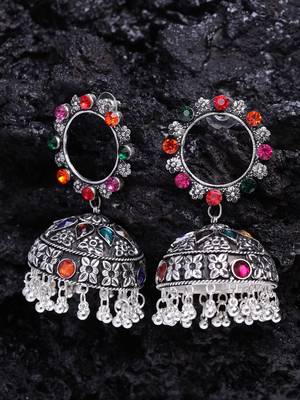 Handcrafted Multi Stone Enamelled Chandelier Design Silver Plated German Silver Jhumkas 1