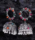 Handcrafted Multi Stone Enamelled Chandelier Design Silver Plated German Silver Jhumkas