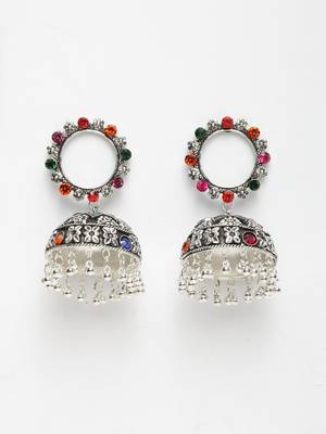 Handcrafted Multi Stone Enamelled Chandelier Design Silver Plated German Silver Jhumkas 2