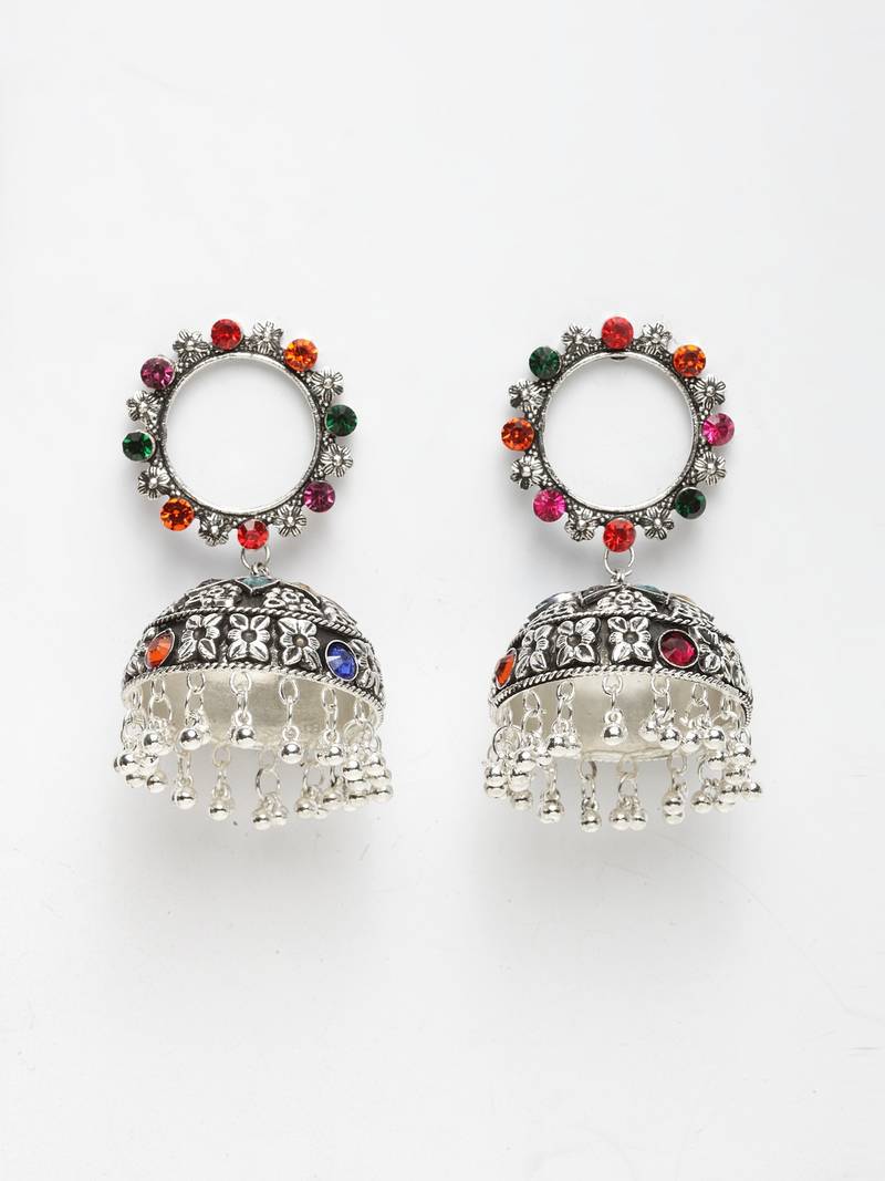 Handcrafted Multi Stone Enamelled Chandelier Design Silver Plated German Silver Jhumkas