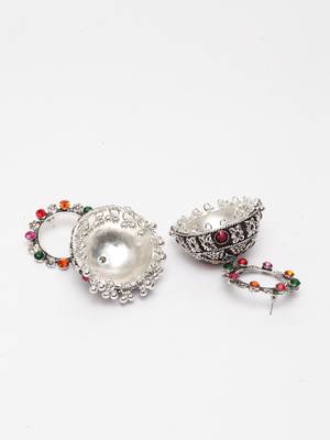 Handcrafted Multi Stone Enamelled Chandelier Design Silver Plated German Silver Jhumkas 3