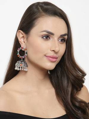 Handcrafted Multi Stone Enamelled Chandelier Design Silver Plated German Silver Jhumkas 4