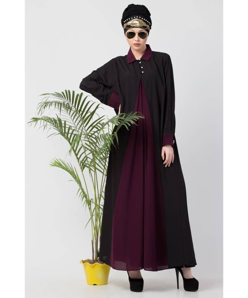 Nazneen Contrast Yoke Black/Purple  Casual Abaya