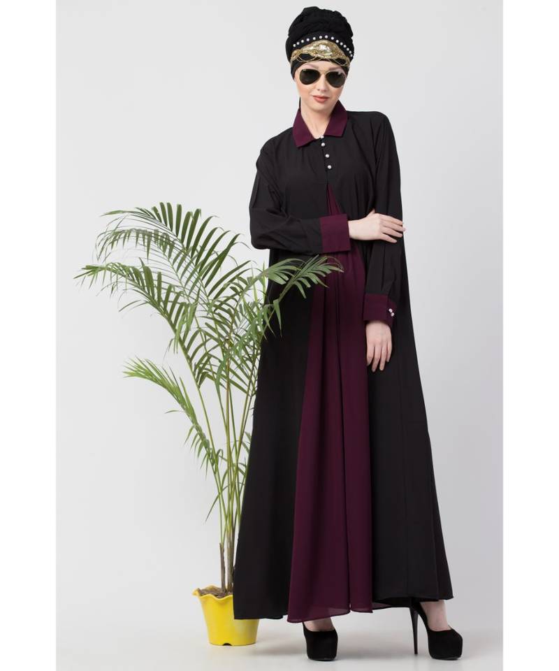 Nazneen Contrast Yoke Black/Purple  Casual Abaya