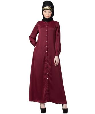 Maroon Nazneen Decorative Button Front Open Nida Abaya 1
