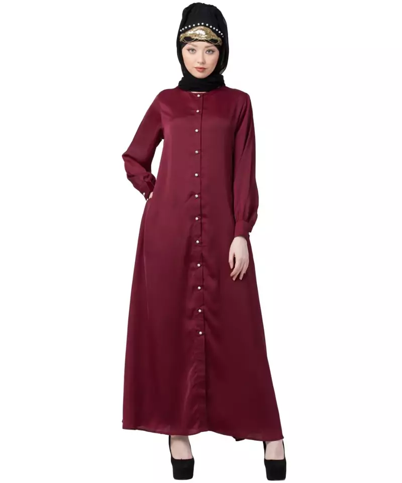Maroon Nazneen Decorative Button Front Open Nida Abaya