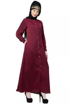 Maroon Nazneen Decorative Button Front Open Nida Abaya
