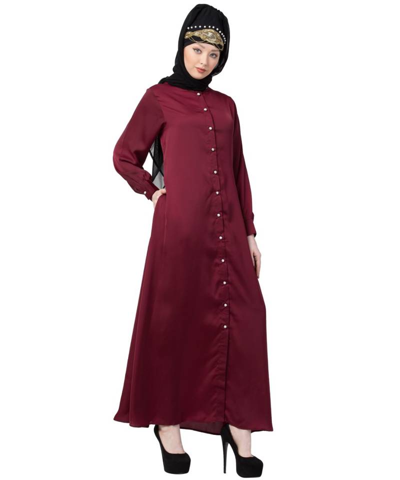 Maroon Nazneen Decorative Button Front Open Nida Abaya