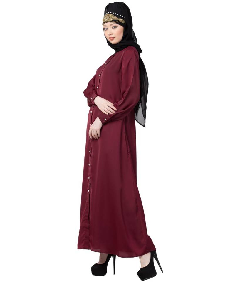 Maroon Nazneen Decorative Button Front Open Nida Abaya