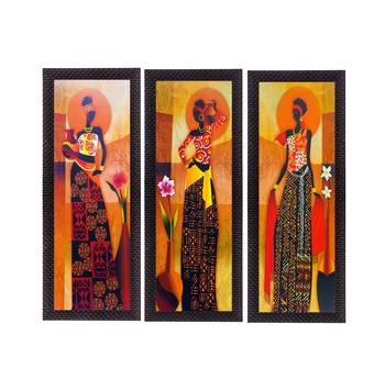 Set Of 3 Tribal Village Ladies Satin Matt Texture UV Art Painting 1
