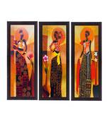 Set Of 3 Tribal Village Ladies Satin Matt Texture UV Art Painting