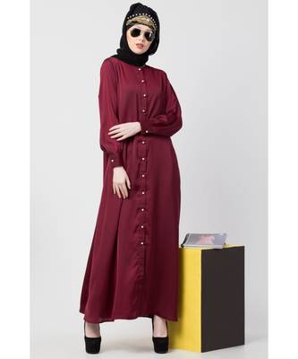 Maroon Nazneen Decorative Button Front Open Nida Abaya 5