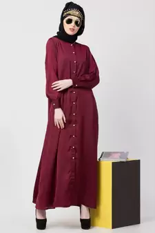 Maroon Nazneen Decorative Button Front Open Nida Abaya