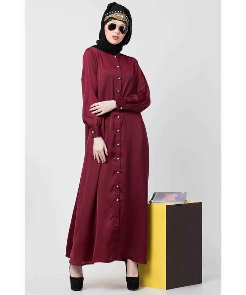 Maroon Nazneen Decorative Button Front Open Nida Abaya